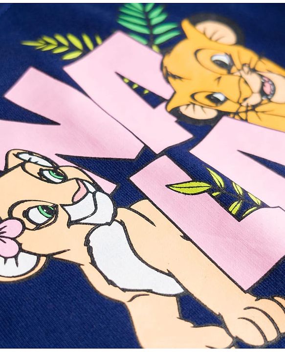 Babyhug Disney Terry Knit Full Sleeves T-Shirt & Track Pant Set with Lion King Front & Back Graphic with Badge Detailing - Navy Blue & Pink