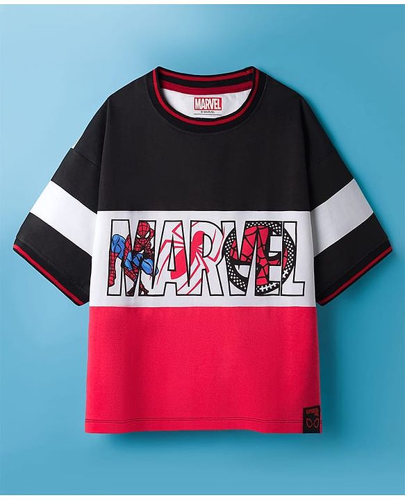 Pine Kids Marvel Terry Knit Drop Shoulder Half Sleeves Cut & Sew T-Shirt Spiderman Graphic - Multicolor