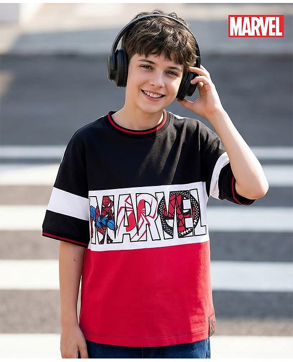 Pine Kids Marvel Terry Knit Drop Shoulder Half Sleeves Cut & Sew T-Shirt Spiderman Graphic - Multicolor