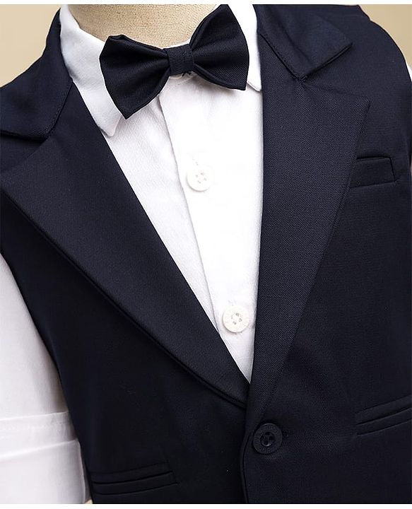Babyhug Woven Full Sleeves Solid Colour 3 Piece Party Suit With Waistcoat & Bow - Navy Blue & White
