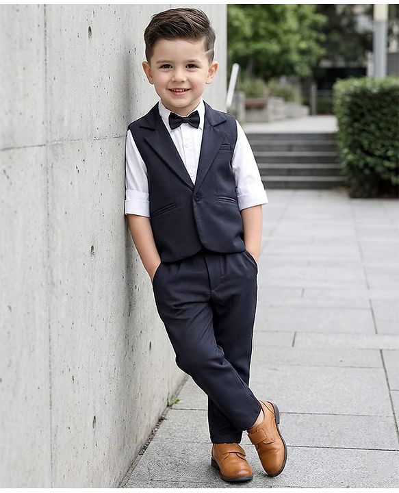 Babyhug Woven Full Sleeves Solid Colour 3 Piece Party Suit With Waistcoat & Bow - Navy Blue & White