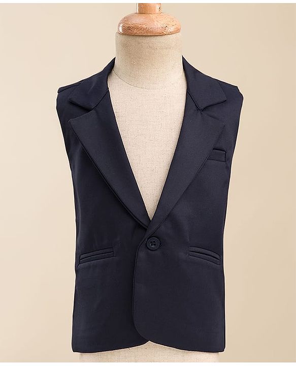 Babyhug Woven Full Sleeves Solid Colour 3 Piece Party Suit With Waistcoat & Bow - Navy Blue & White