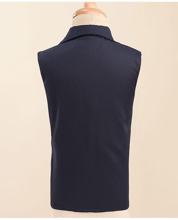 Babyhug Woven Full Sleeves Solid Colour 3 Piece Party Suit With Waistcoat & Bow - Navy Blue & White