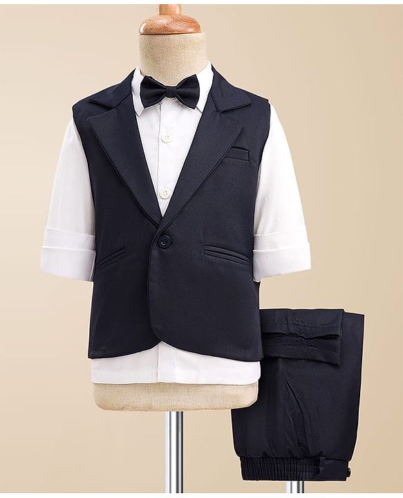 Babyhug Woven Full Sleeves Solid Colour 3 Piece Party Suit With Waistcoat & Bow - Navy Blue & White