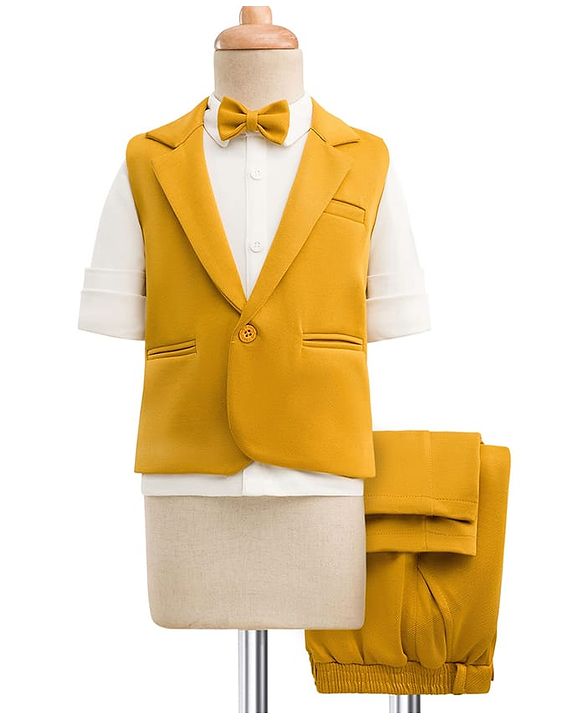 Babyhug Knit Full Sleeves Solid 3 Piece Party Suit With Bow - Mustard
