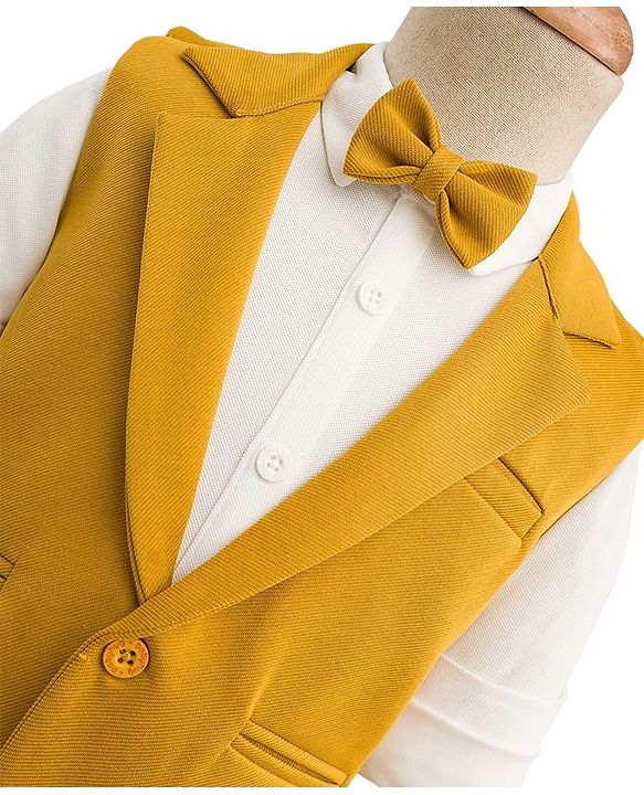 Babyhug Knit Full Sleeves Solid 3 Piece Party Suit With Bow - Mustard