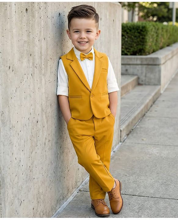 Babyhug Knit Full Sleeves Solid 3 Piece Party Suit With Bow - Mustard