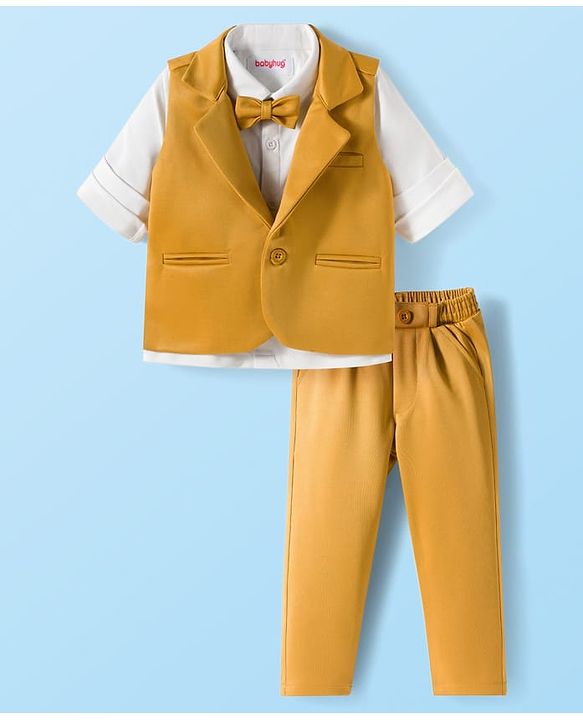 Babyhug Knit Full Sleeves Solid Color 3 Piece Party Suit with Bow - Yellow