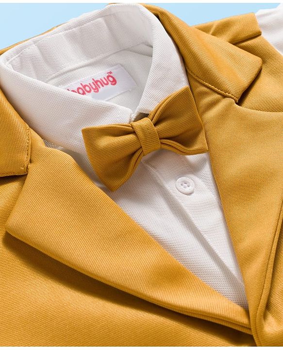 Babyhug Knit Full Sleeves Solid Color 3 Piece Party Suit with Bow - Yellow
