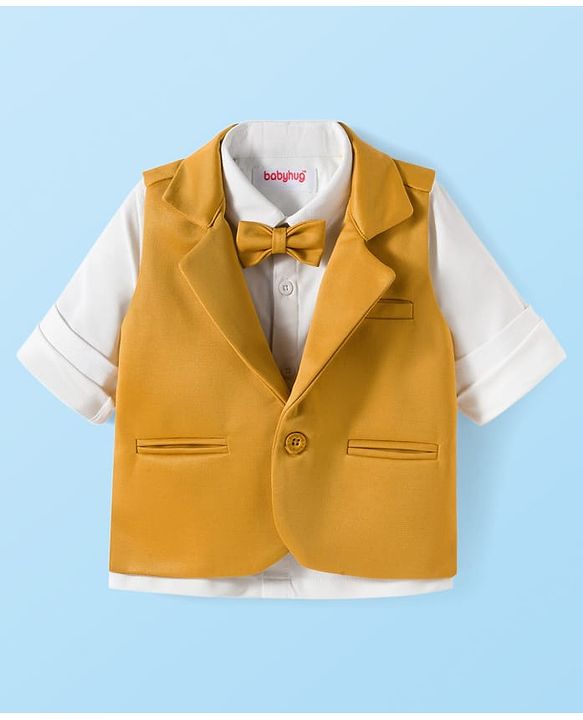 Babyhug Knit Full Sleeves Solid Color 3 Piece Party Suit with Bow - Yellow