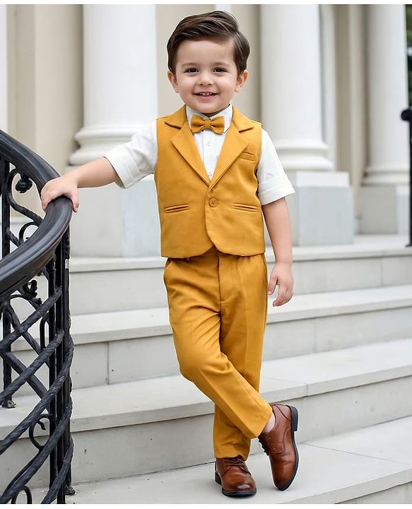 Babyhug Knit Full Sleeves Solid Color 3 Piece Party Suit with Bow - Yellow