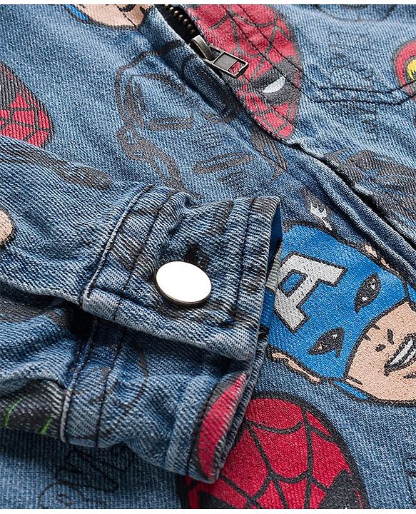 Pine Kids Marvel Full Sleeves Front Zipper Denim Jacket with Avengers Graphic - Navy Blue