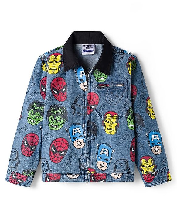 Pine Kids Marvel Full Sleeves Front Zipper Denim Jacket with Avengers Graphic - Navy Blue
