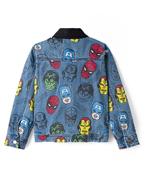 Pine Kids Marvel Full Sleeves Front Zipper Denim Jacket with Avengers Graphic - Navy Blue