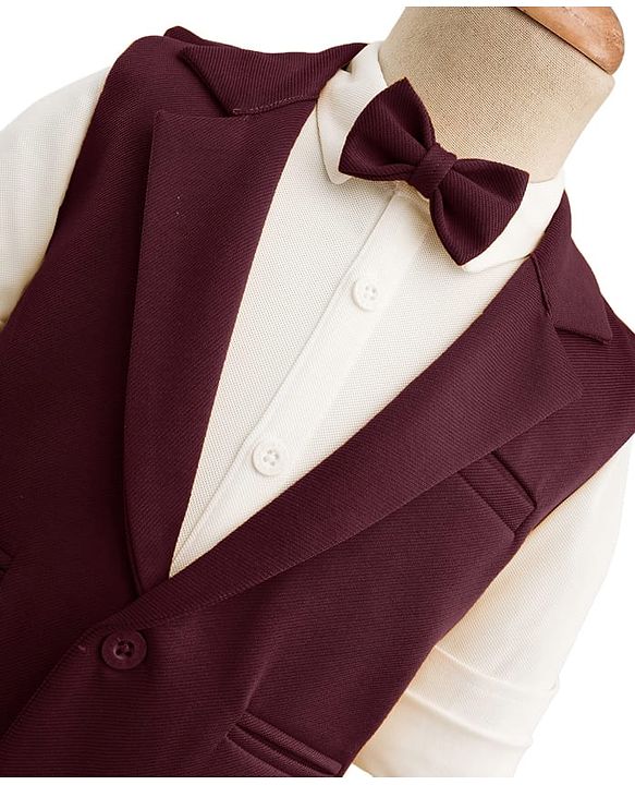 Babyhug Knit Full Sleeves Solid 3 Piece Party Suit With Bow - Wine