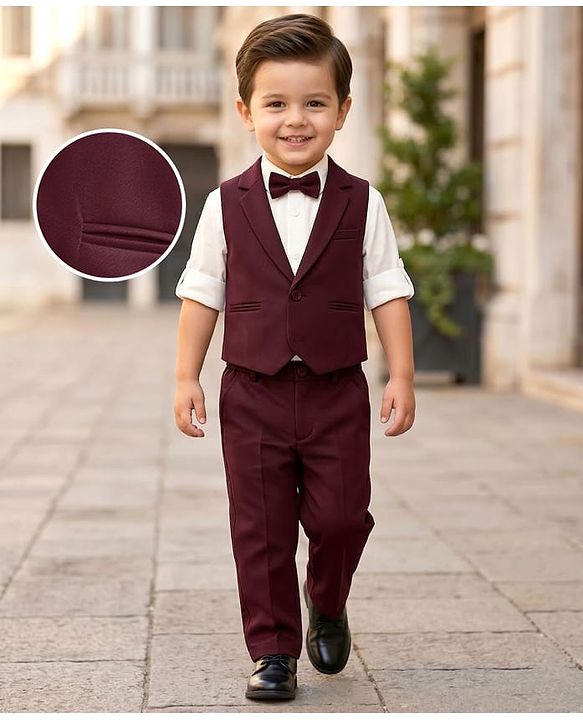 Babyhug Knit Full Sleeves Solid 3 Piece Party Suit With Bow - Wine