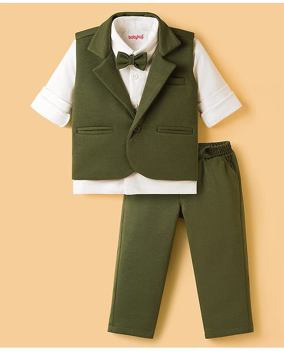 Babyhug Knit Full Sleeves Solid Color 3 Piece Party Suit with Bow - Olive Green & White