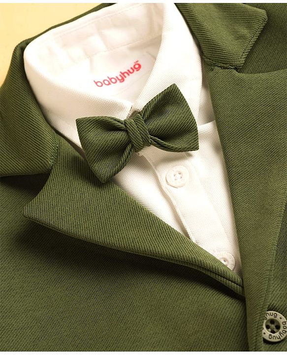 Babyhug Knit Full Sleeves Solid Color 3 Piece Party Suit with Bow - Olive Green & White