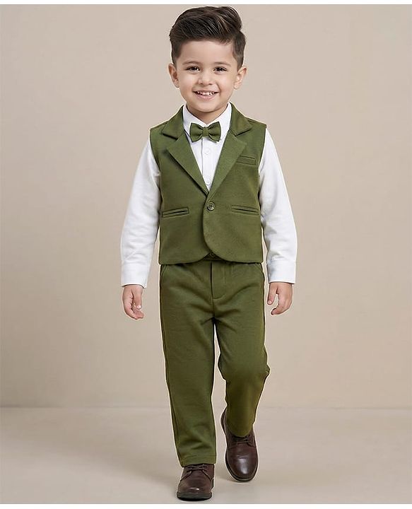 Babyhug Knit Full Sleeves Solid Color 3 Piece Party Suit with Bow - Olive Green & White