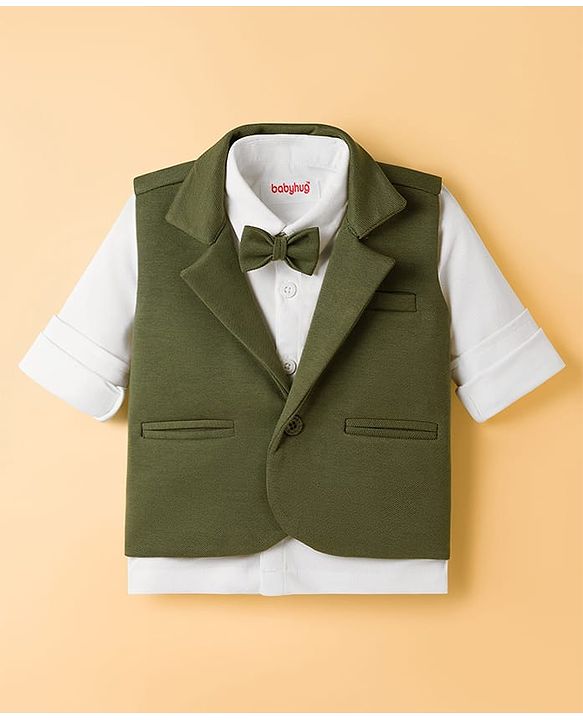 Babyhug Knit Full Sleeves Solid Color 3 Piece Party Suit with Bow - Olive Green & White