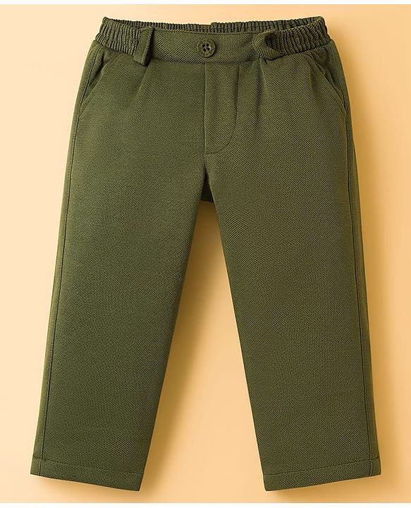 Babyhug Knit Full Sleeves Solid Color 3 Piece Party Suit with Bow - Olive Green & White