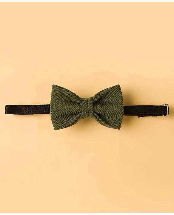Babyhug Knit Full Sleeves Solid Color 3 Piece Party Suit with Bow - Olive Green & White