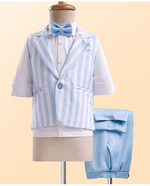 Babyhug Knit Full Sleeves Solid & Striped 3 Piece Party Suit with Bow - Light Blue