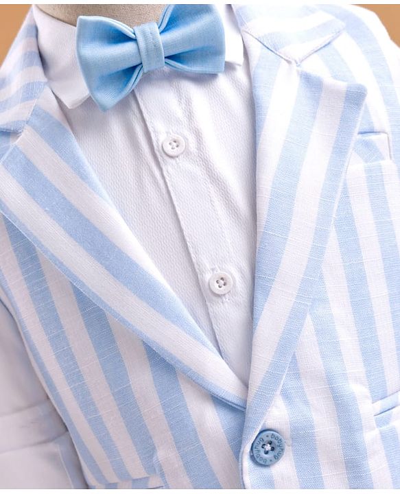 Babyhug Knit Full Sleeves Solid & Striped 3 Piece Party Suit with Bow - Light Blue