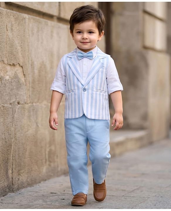 Babyhug Knit Full Sleeves Solid & Striped 3 Piece Party Suit with Bow - Light Blue