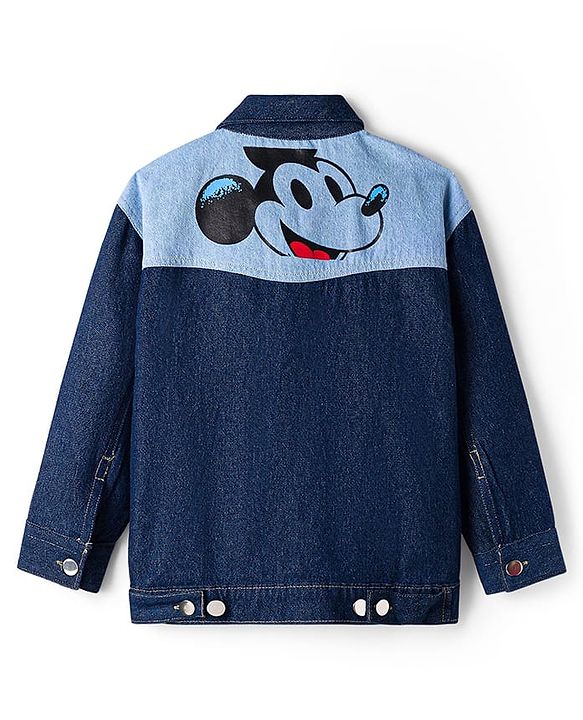 Pine Kids Disney Full Sleeves Front Button Cut & Sew Denim Jacket with Front & Back Mickey Mouse Graphic - Navy Blue