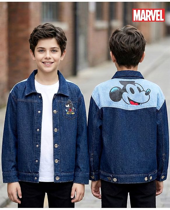 Pine Kids Disney Full Sleeves Front Button Cut & Sew Denim Jacket with Front & Back Mickey Mouse Graphic - Navy Blue