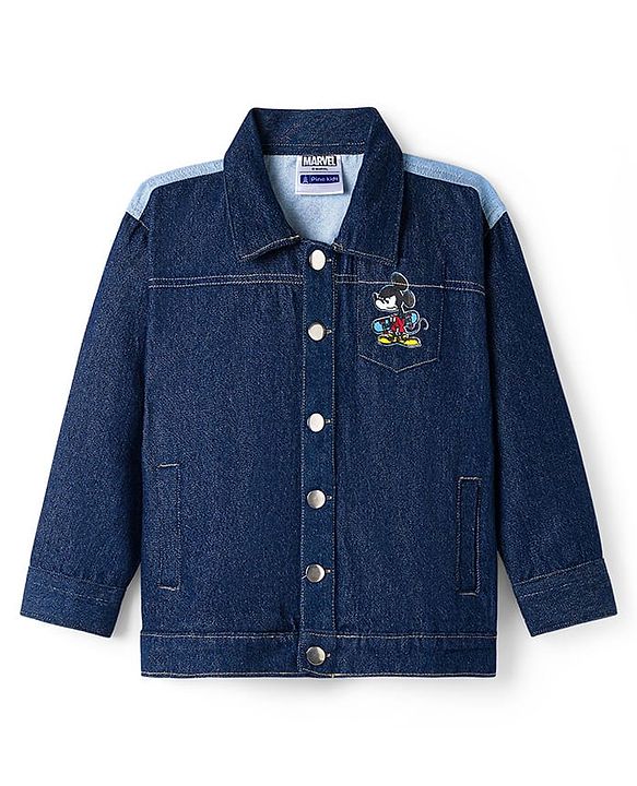 Pine Kids Disney Full Sleeves Front Button Cut & Sew Denim Jacket with Front & Back Mickey Mouse Graphic - Navy Blue
