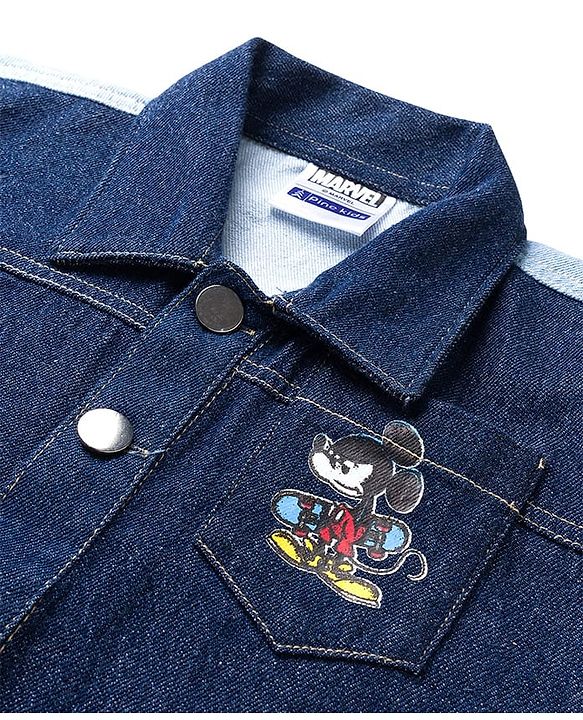 Pine Kids Disney Full Sleeves Front Button Cut & Sew Denim Jacket with Front & Back Mickey Mouse Graphic - Navy Blue