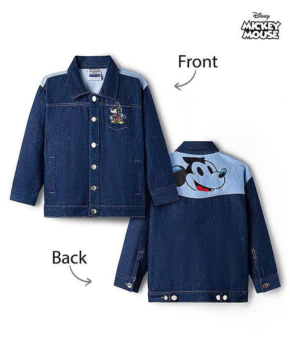 Pine Kids Disney Full Sleeves Front Button Cut & Sew Denim Jacket with Front & Back Mickey Mouse Graphic - Navy Blue