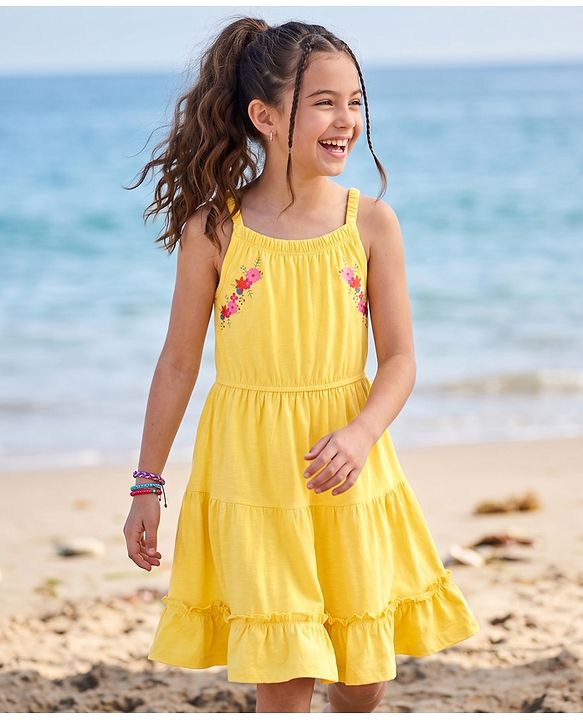 Pine Kids Cotton Knit One Piece Dresses/Frocks with Shoulder Straps and Floral Print Aspen Gold 4-5 Years