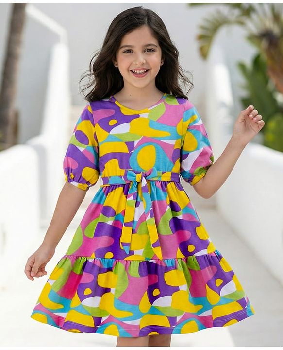 Pine Kids Cotton Knit Half Puffed Sleeves Printed Frock -Multicolor