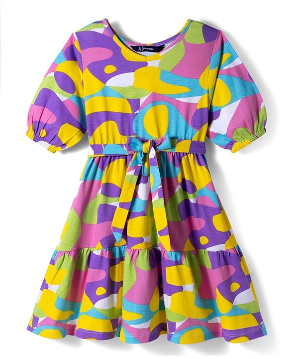 Pine Kids Cotton Knit Half Puffed Sleeves Printed Frock -Multicolor