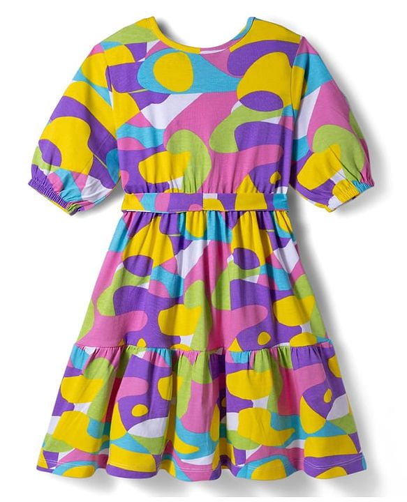 Pine Kids Cotton Knit Half Puffed Sleeves Printed Frock -Multicolor