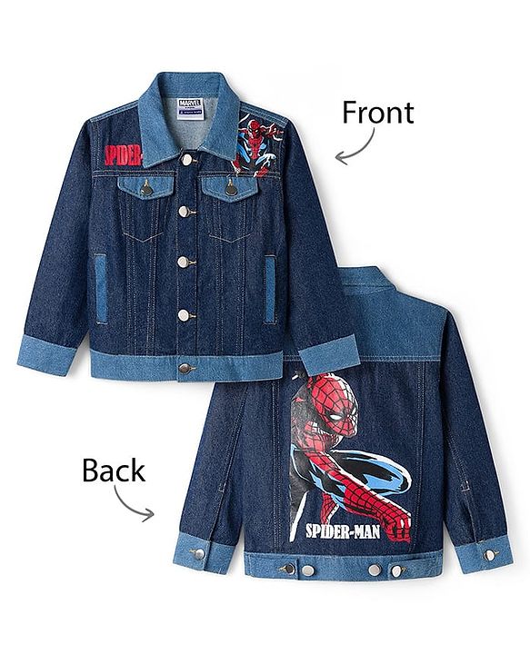 Pine Kids Marvel Full Sleeves Front Button Cut & Sew Denim Jacket with Front & Back Spiderman Graphic - Navy Blue