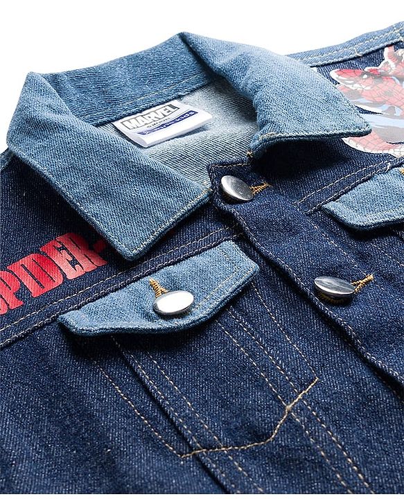 Pine Kids Marvel Full Sleeves Front Button Cut & Sew Denim Jacket with Front & Back Spiderman Graphic - Navy Blue