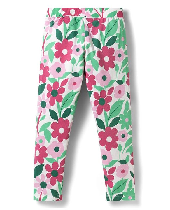 Pine Kids Cotton Lycra Knit Full Length Floral Printed Leggings - Multicolour