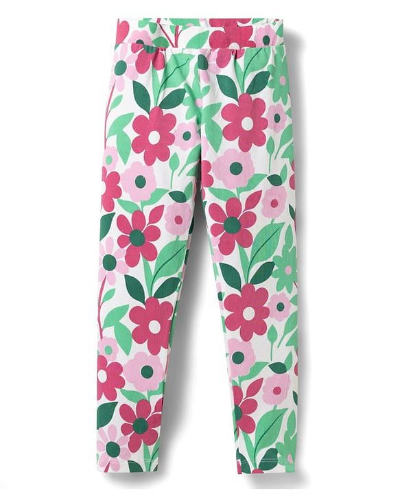 Pine Kids Cotton Lycra Knit Full Length Floral Printed Leggings - Multicolour