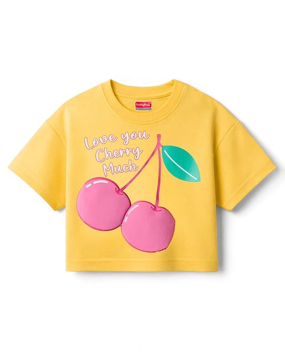 Babyhug Cotton Knit Drop Shoulder Half Sleeves Oversized T-Shirt With Cherry Print - Yellow
