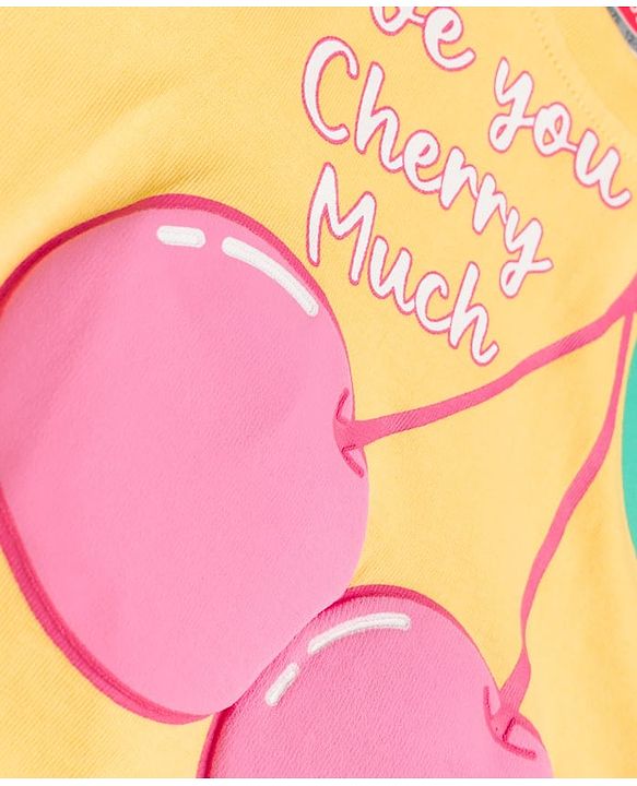 Babyhug Cotton Knit Drop Shoulder Half Sleeves Oversized T-Shirt With Cherry Print - Yellow