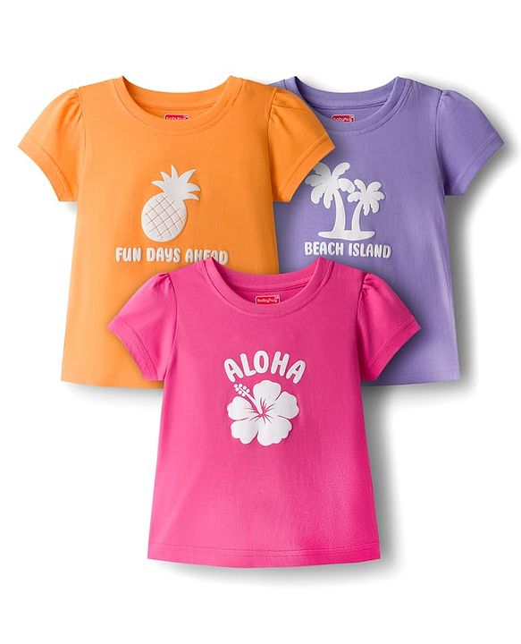 Babyhug Cotton Knit Half Sleeves T-Shirts with Tropical Theme Print Pack of 3 - Pink Orange & Lavender