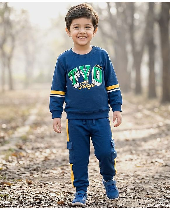 Babyhug Terry Knit Full Sleeves T-Shirt & Trouser Set With Tokyo Print - Blue