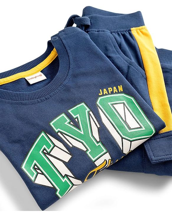 Babyhug Terry Knit Full Sleeves T-Shirt & Trouser Set With Tokyo Print - Blue