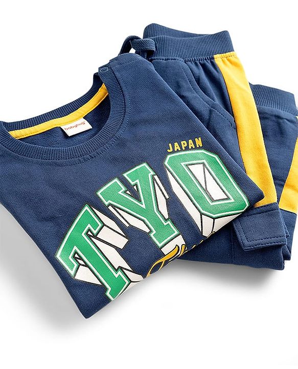 Babyhug Terry Knit Full Sleeves T-Shirt & Trouser Set With Tokyo Print - Blue