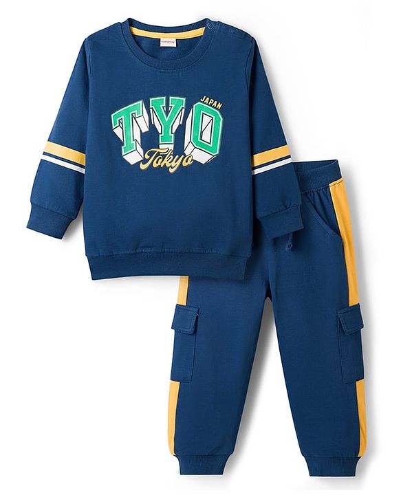 Babyhug Terry Knit Full Sleeves T-Shirt & Trouser Set With Tokyo Print - Blue