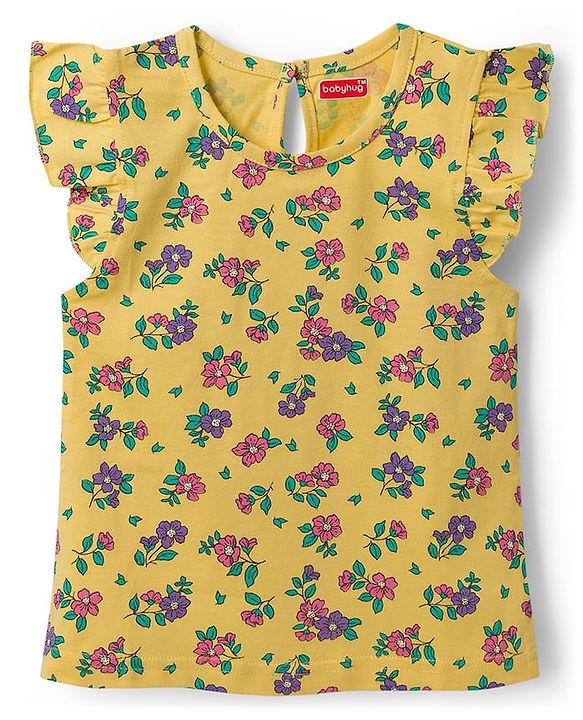 Babyhug Cotton Knit Frill Sleeves T-Shirt With Polka Dot & Floral Print Pack Of 3 - Pink Purple & Yellow